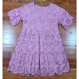 Valentina Naldi Pink Cotton Dress Eyelet Midi Boho Peasant Made in Italy Sz LG